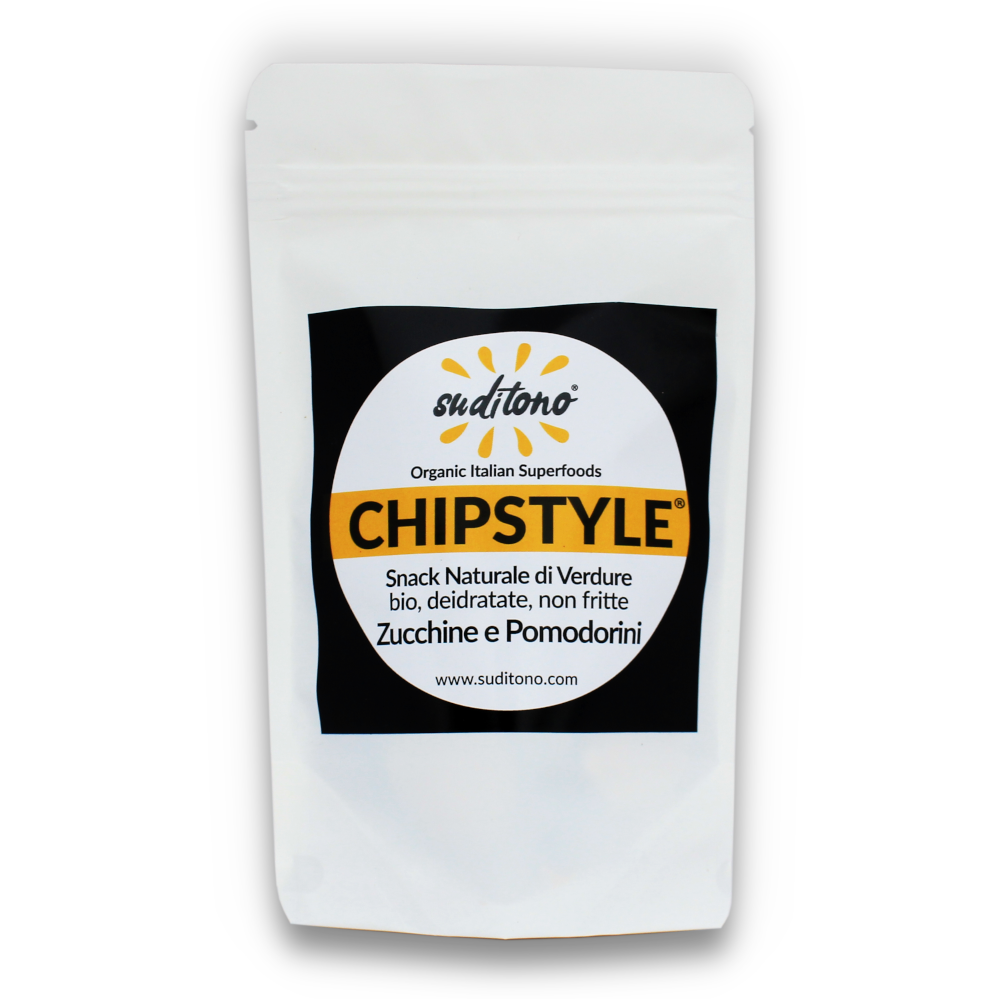 CHIPSTYLE ZUCCHINE e POMODORINI. Snack naturale di verdure bio deidratate, non fritte e senza sale