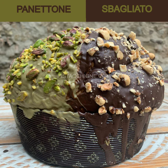 Panettone sbagliato, 1/2 con crema al pistacchio, granella e pistacchi interi, 1/2 con cioccolato di Modica e nocciole + regalo barattolo di spalmabil