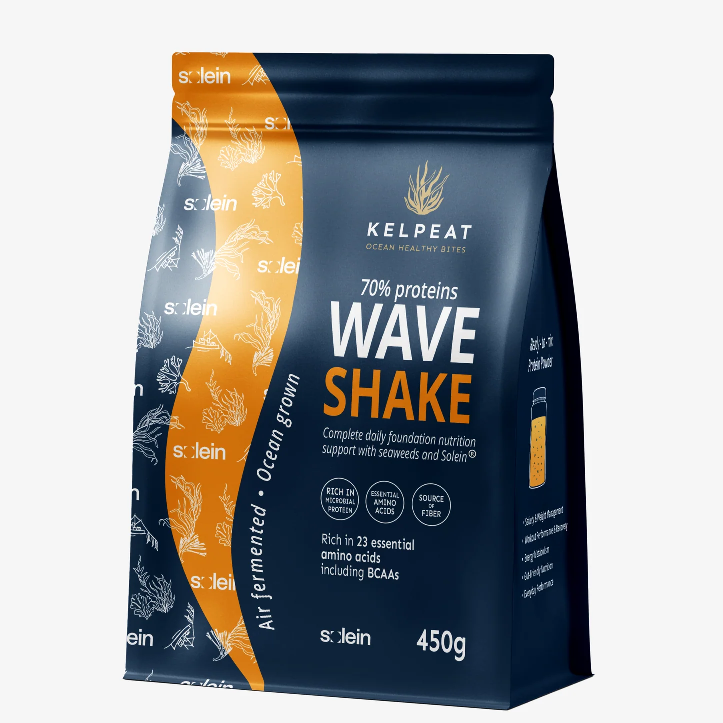 Wave Shake frullato quotidiano ricco di proteine e nutrienti, realizzato con il 80% di proteine microbiche Solein® e il 15% di alghe